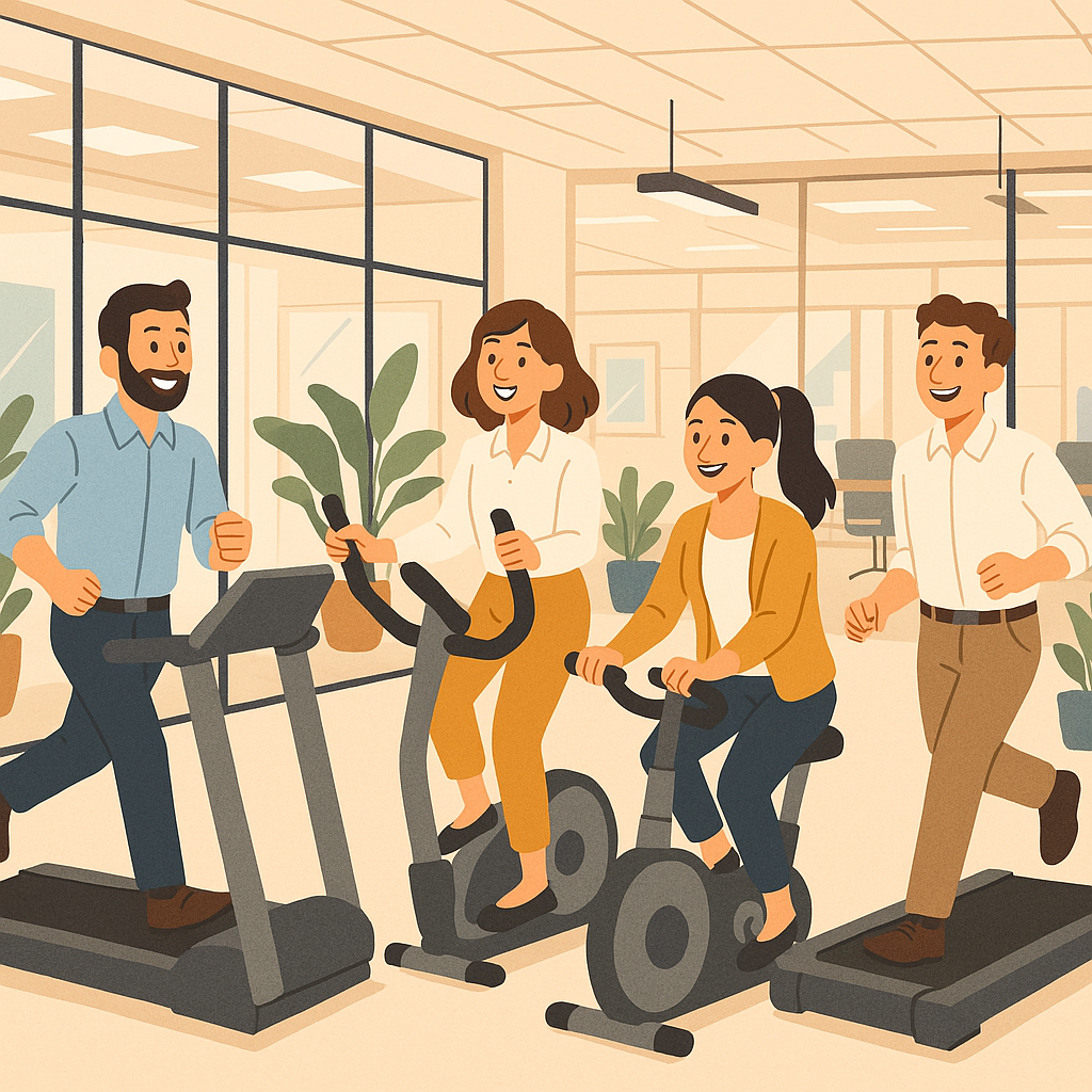 社員たちがオフィス内で楽しそうに運動している様子のイラスト